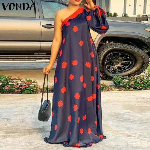 Women Summer Sundress Floral Print Party Maxi Dress 2021 VONDA Vintage Style One Shoulder Sexy Dress Vestidos Plus Size