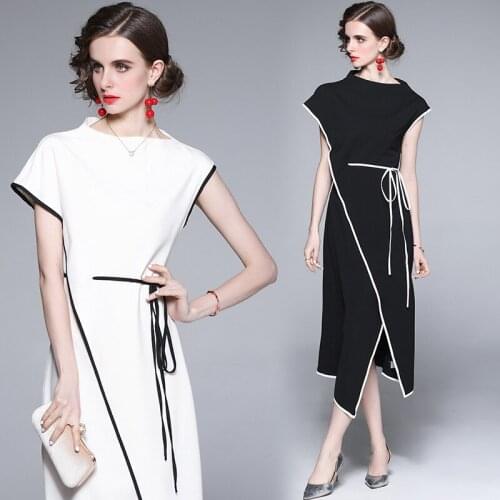 2021 Fashion Women Temperament Elegant Patchwork Dresses Irregular Draw String Slim Summer Long Batwing Sleeve Dresses LJ3147