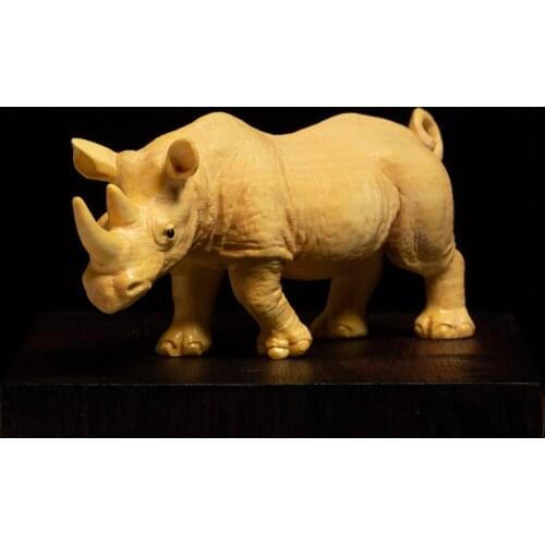Rhino Animal Sculpture Boxwood Wood Carving Animal Feng Shui Office Lucky Town House Crafts Decoration