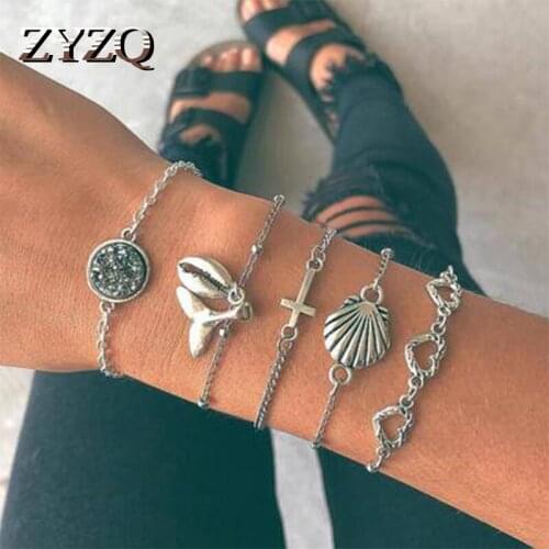 ZYZQ New Arrival Vintage Beach Stylish Seashell Conch Shaped Element Hollow Out Cross Five Pcs Bracelets Set Wholesale Lots&Bulk