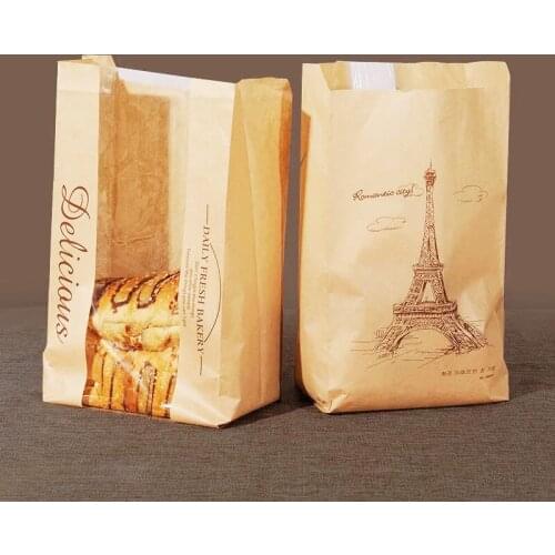 50Pcs/lot Cookies Food Bread Paper Bag Window Baking Packaging Toast Kraft Bag Printed Package Bakery Iron Tower Decor