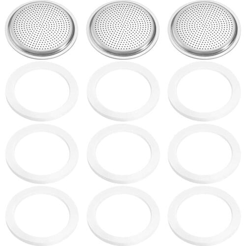 9 Pieces Silicone Gaskets and 3 Piece Stainless Filter Gasket Stainless Steel Gasket Replacement for 6 Cup Moka Express