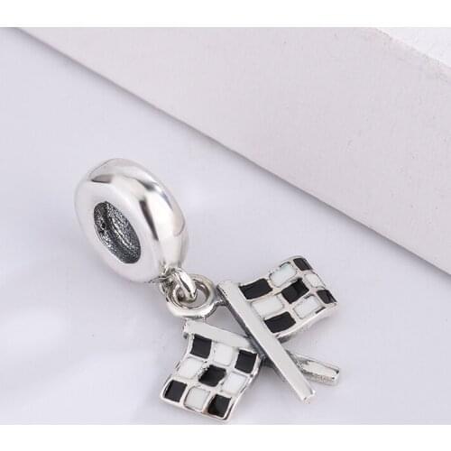 925 Sterling Silver High-End Business Black And White Checkered Double Flag Charm Bracelet DIY Jewelry For Pandora Necklace