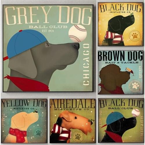 Baseball Cap Muffler Painting Side Face Cartoon Dog Decorative Arts Canvas Printings Wall Art Picture for Childrens Room Decor