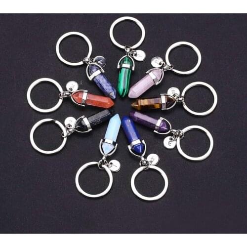 Fashion Natural Stone Pendant Keychain Natural Quartz Stone 26 letter Pink Crystal good luck Key Chains Accessories Jewelry Gift