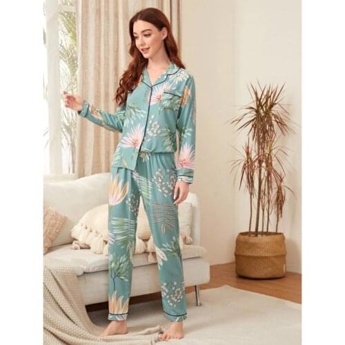 Home Wear Pajamas Womens Pure Cotton Long-sleeved Lapel Printed Fashion 2-piece Set Autumn Loose Basic Pajamas Wm