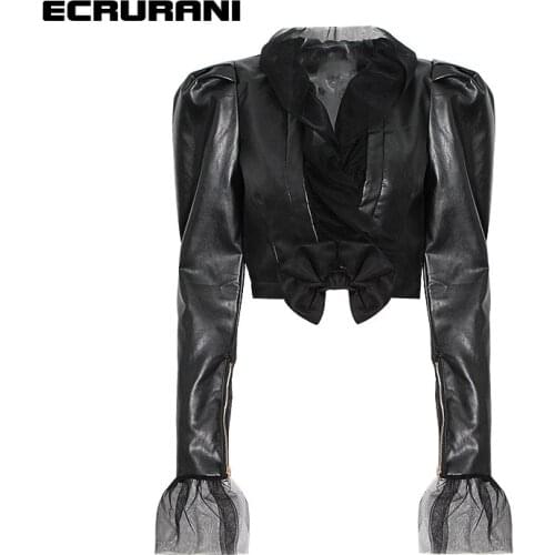ECRURANI Black Patchwork PU Bowknot Mesh Jackets For Women V Neck Flare Sleeve Solid Coat Female Fashion New Clothing 2021 Style