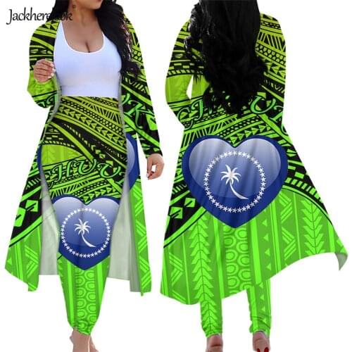 Jackherelook Green Chuuk Polynesian Tattoo Brand Design Women Open Front Cardigan Long Pants Set Girls 2 Piece Club Outfits 2021