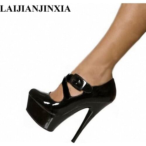 LAIJIANJINXIA Fashionable Sexy Black PU Patent Leather Platforms Women Pumps 15cm High Heel Shoes Sexy Party Womens Shoes
