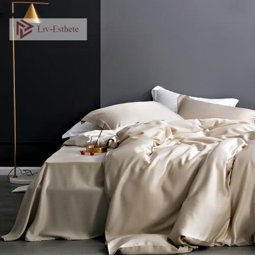 Liv-Esthete Noble Champagne Gold100% Silk Bedding Set Silky Healthy Skin Duvet Cover Flat Sheet Pillowcace Women Double Bed Set