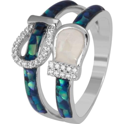 TIRIM Trendy Abalone Shell Rings for Women Girls Belt Buckle Shaped Band Ring Two Line Jewelry Fashion Daily Wear Cubic Zircon