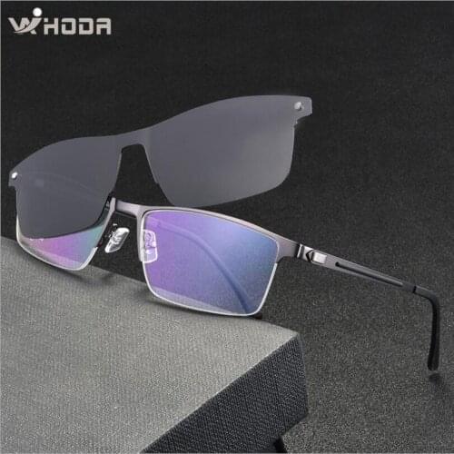Retro Titanium Alloy Mens Magnetic Clips Polarized Sunglasses ,Male Business Myopia Glasses Frames, Metal Prescription Eyewear