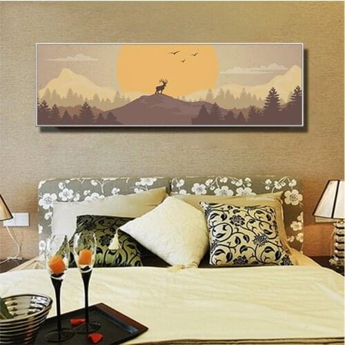YongHe Nordic Style Abstract Decorative Painting The Setting Sun Milu deer Mountain Forest Picture Wall Deco Frameless Colorful