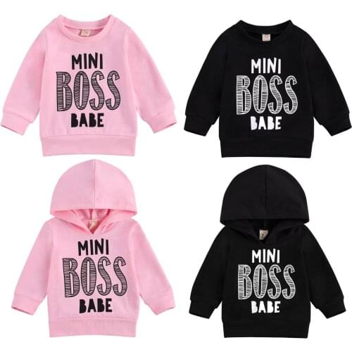 0-3Y Toddler Baby Girl Boy Autumn Long Sleeve MINI BOSS BABE Letter Print Sweatshirt/Hoodie Black/Pink Outfits