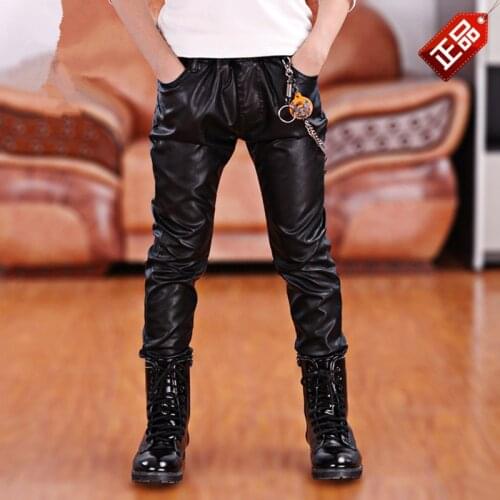 Boys Pants 2020 Spring New Boy Fashion Faux Leather Pants Casual Elastic Waist Solid Motor & Biker Leather Pencil Pants