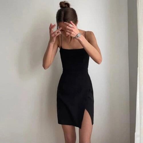 Women Summer Sleeveless Dress, Adults Female Clother Sexy Slim-fit Solid Color Boat Neck Spaghetti Strap Slit Vestidos 2021