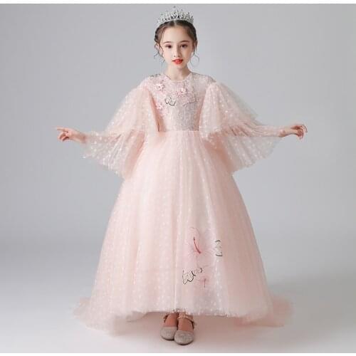 Flower Girl Dresses Illusion O-Neck Full Appliques Pearls Embroidery Princess Floor-Length Tulle Lace Pink Kids Party Gown H647