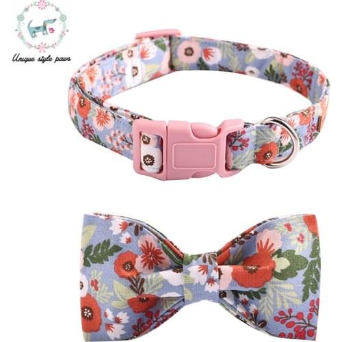 The Pink Floral Dog Collar with Bow Tie for big and small dog cotton fabric Pet Accessories Cotton Dog Collar and Leash Sets