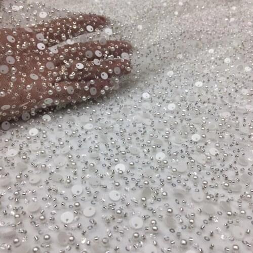 Handmade Pearl Lace Fabric Embroidery French Tulle Mesh Lace Sequins Best Quality Beaded Lace Fabric Sewing XX4591