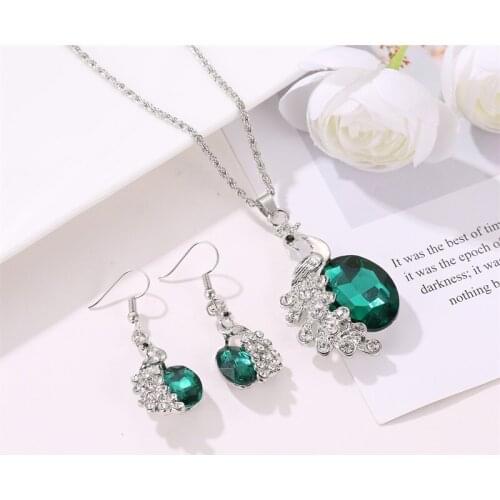 Simple Alloy Peacock Green Grey Blue Red White Necklace Drop Earrings Dangle Earrings Jewelry Sets for Women