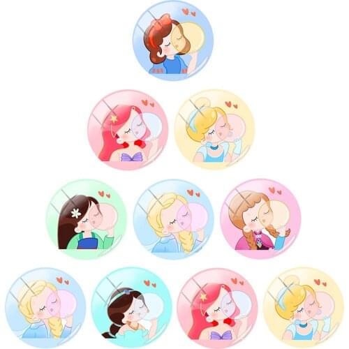 Disney Q Version Princess Blowing Bubbles 12mm/15mm/16mm Photo Cute Girl Glass Cabochon Dome Flat Back DIY Jewelry For Friends