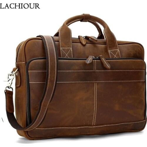 Vintage Men Genuine Leather Handbags High Quality Mens Briefcase Male Office Travel Messenger Shoulder Bags 14 inch Laptop Bag