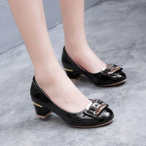 Spring Women Dress Shoes Patent Leather High Heel Pumps Metal Boat Shoes Medium Heeled Single Shoes Woman zapatos mujer N7109G