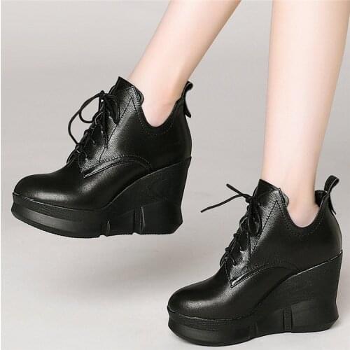 Platform Pumps Shoes Women Lace Up Genuine Leather Wedges High Heel Ankle Boots Female Round Toe Fashion Sneakers Casual Shoes