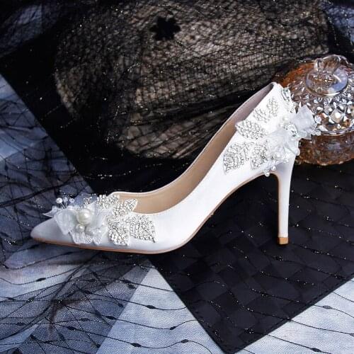 Princess Bride high heels early autumn shallow mouth lace water drill thin heel white silk elegant womens single shoes new