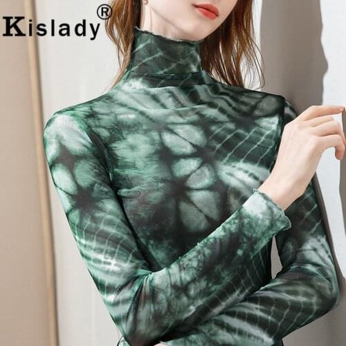 New Winter Long Sleeve Turtleneck Sexy Fashion Shirts OL Gothic Mesh Fabric Tops Shirt Tie Dyed Patchwork Elegant Woman Clothes