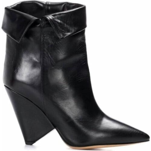 Genuine Cow Leather Ankle Boots Women Casual Wedges Pointed Toe High Heel Boots Runway Winter Black Shoes Botas Mujer Plus Size