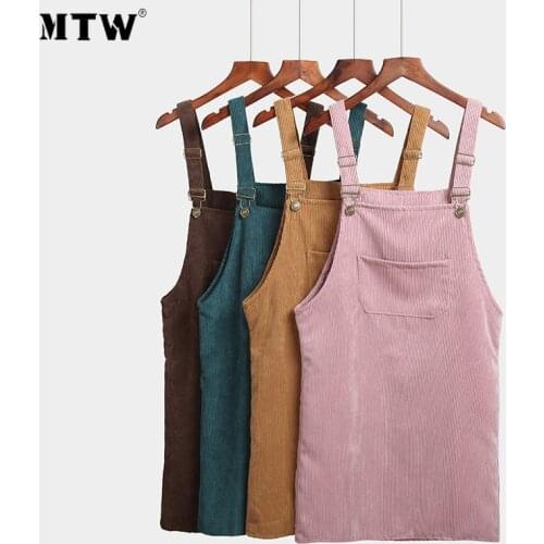 Spring Summer Women Corduroy Dress Retro Loose Suspender Sundress 2021 Casual Sleeveless Solid Vest Overall Dresses