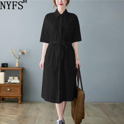 NYFS 2021 New Korean Autumn Cotton Half Sleeve Woman Dress Vestido De Mujer Robe Elbise Floral Solid Shirt Dresses