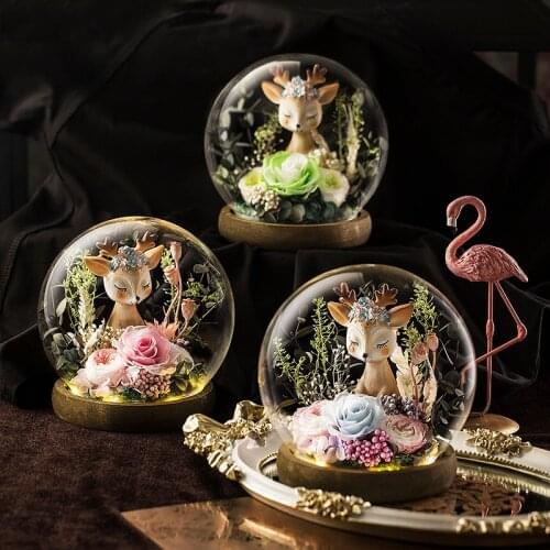 2021 Newest Preserved Flower And Elk In Glass Dome LED Ornaments Decoration Rose Flower Valentines Day Tanabata Christmas Gift