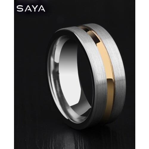 2021 Tungsten Wedding Rings, 8mm Width White Band Brushed Finishing inlay Gold Color Groove, Free Shipping, Engraving