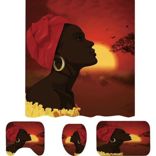 4pcs/set Figure Print Non Slip Toilet Cover Mat Set Waterproof Shower Curtain with 12 Hooks for Bathroom