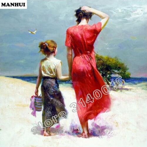 5D diy diamond painting cross stitch The mother and daughter on the beach needlework inlay home decor painting BEF141