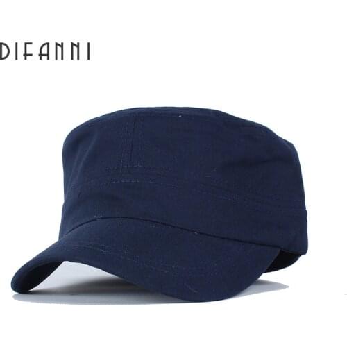 Difanni Brand Military Hats Simple Solid Color Spring Summer Autumn Mens Flat Top Cap Cotton Plain Hat Copper Buckle Snapback