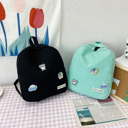 Kawaii Womens Backpack Canvas Candy Color School backpack Bag Preppy Style for Girls Knapsack Rucksacks Handbags Cartoon Badges