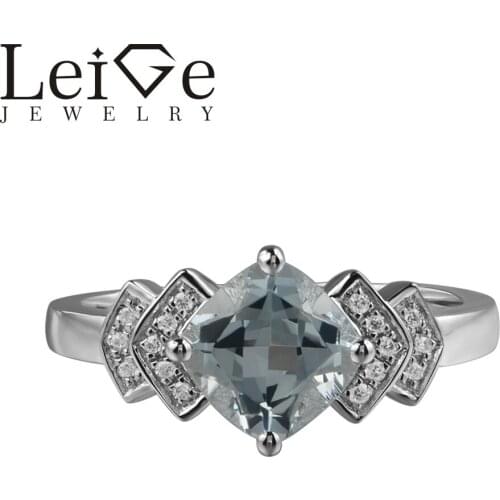Leige Jewelry 925 Sterling Silver Aquamarine Rings Cushion Cut Engagement Rings For Woman March Birthstone Romantic GiftS