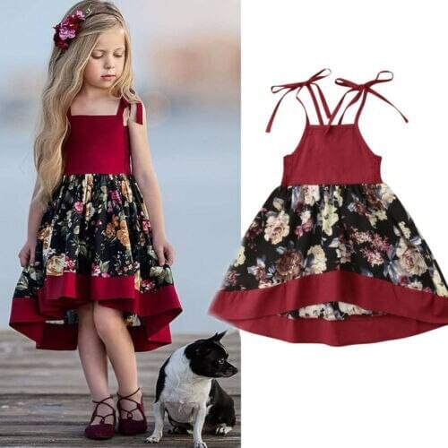 Toddler Summer Autumn Dress Baby Girls Clothes Straps Red Floral Printed Princess Party Dresses Kids Fashion Outfits Clothing