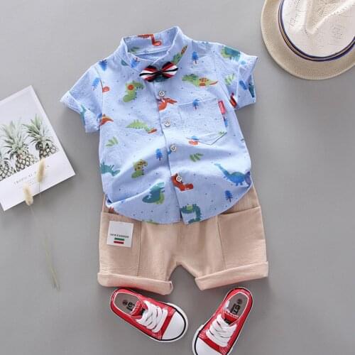 Summer Toddler Baby Kids Boys Clothing Dinosaur Printed Short Sleeve Bowtie T-shirt Tops Shorts Gentlement Party Outfits Set#p4
