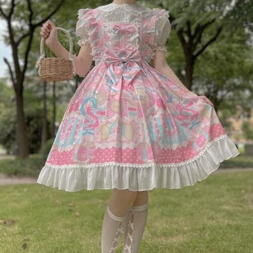 Cute Lolita Tea Party Dress Women Straped Dresses Sweet Candy Kawaii Bowknot Princess Gothic Ruffle Sleeveless Dresses