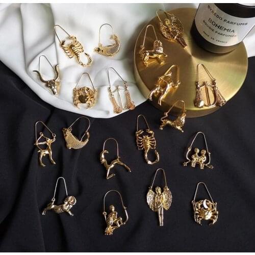 New Design 12 constellations Zodiac Sign Earrings yellow Gold color alloy Womens earrings