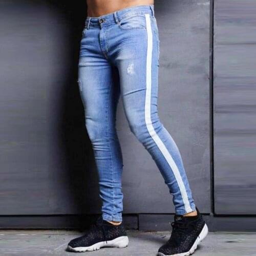 Slim Fit Men Jeans Solid with Strip on Side Casual Full Length Pencil Pants Plus Size Denim Trousers Mid Waist Mens Clothing