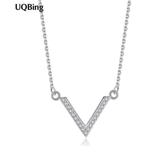 925 Sterling Silver AAA Crystal Zircon Big Letter V Shape Pendant Necklaces Women Jewelry