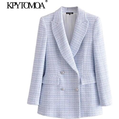KPYTOMOA Women 2021 Fashion Double Breasted Tweed Check Blazer Coat Vintage Long Sleeve Pockets Female Outerwear Chic Veste