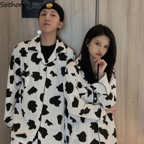 Pajama Sets Printed Cow Sweet Japanese-style Full-length Sleepwear Couples Comfortable Skin-friendly Soft Loose Leisure Fashion
