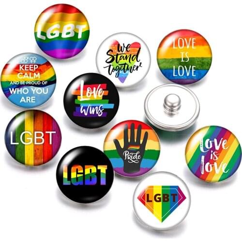 DB1038 LGBT Rainbow Flag Love is love 18mm snap buttons 10pcs mixed round photo glass cabochon style for snap button jewelry