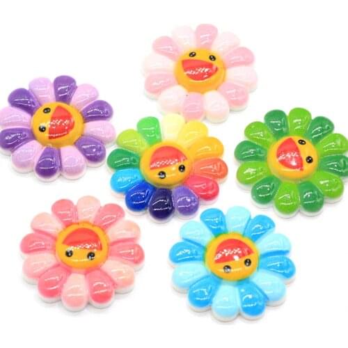 Resin Flatback Rainbow Sunflower Smile Face Cabochons Scrapbooking Miniatures Sunflower Hair Bow Centers